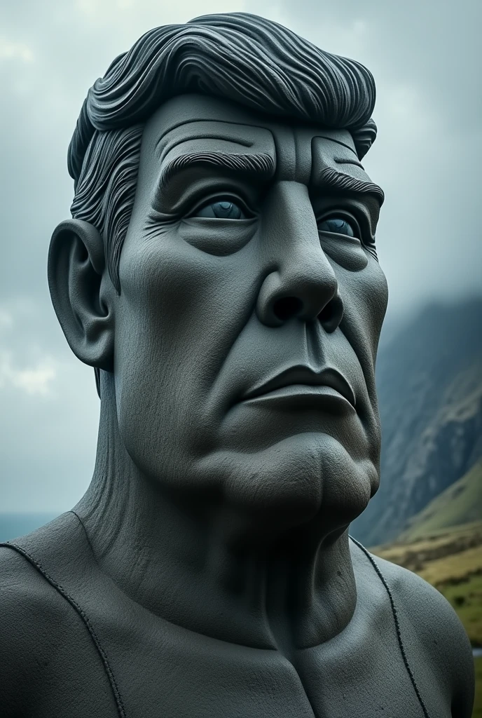 a majestic moai statue of donald trump, extremely detailed, ultra-realistic, volumetric lighting, dramatic shadows, sculpted stone texture, photorealistic, cinematic lighting, dramatic lighting, dramatic atmosphere, highly detailed facial features, intense gaze, serious expression, prominent nose, wrinkled skin, gray hair, textured hair, large ears, large head, carved stone statue, remote island landscape, cloudy skies, crashing waves, dramatic weather
