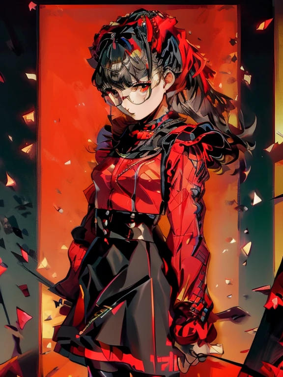 ((chibi)), big head, focus face, chibi, cute, in the art style of persona5, (masterpiece:1.2, highest quality), (Realistic, photoRealistic:1.4), Beautiful illustrations, (Natural Side Lighting, Cinema Lighting), Written boundary depth, Beautiful thighs staring at the viewer, 1 female, 20-year-old, suzuka nakamoto, alone, thin, slender, (small breasts), long Hair, Curly Hair, Forehead, Forehead, Forehead, Forehead, thin, slender, glasses, eyeshadow, eyelashes, (sharp eyelashes:1.3), (eyeshadow:1.3), clear eyes, circlet, jewelry, red choker, red bow, black elbow gloves, red and black dress, (frills long skirt:1.6), sleeveless, (red frills:1.8), (black frills:1.2), SEE-THROUGH, skin tight, shiny clothes, (thin corset), black knee high socks, long black footwear, black thigh high, (black pantyhose:1.6), Are standing, ((((glasses))))