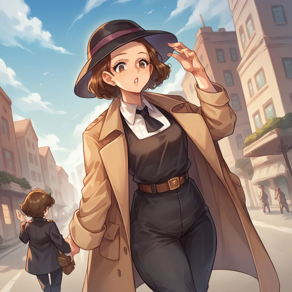 Young female detective, Long brown hair, wear black dress pants, a short hat and wears a trench coat, In the background a city with giant buildings