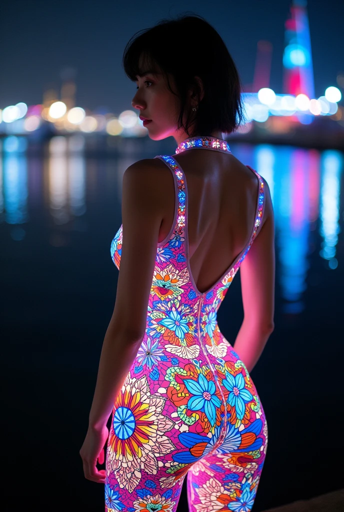 (masterpiece, Highest quality), 8k,(((Very detailed))), Race:1.8, Super intricate Race pattern, colorful Race pattern, Stained glass transparent body, colorful fluorescent colors、 Mandala,light up, 1 female, Open Back, 18 years old、Japanese, Photo of Lee Jae, sultry body with セクシー belly, Sexy girl, Young sensual elegance, Sexy body, Sexy look, Very Short Hair、Shooting at a port with a beautiful night view、 Intelligent face、Narrow waist、Large Breasts、drool coming out of the mouth、Smile a little、EOS 50mm F2, Blur the background、Shooting from behind、Lighting the face、Butt、whole body、