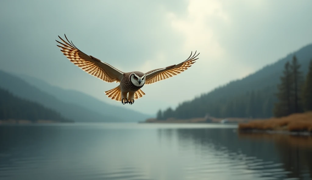 Owl flying in the sky,Below is the lake,Inverted image from below，Sharp focus，Bokeh，Depth of written boundary，Masterpieces，Ultra-fine，Ultra-realistic，8k，Best image quality，Detailed Description