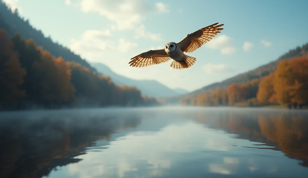 Owl flying in the sky,Below is the lake,Inverted image from below,Sharp focus,Bokeh,Depth of written boundary,Masterpieces,Ultra-fine,Ultra-realistic,8k,Best image quality,Detailed Description