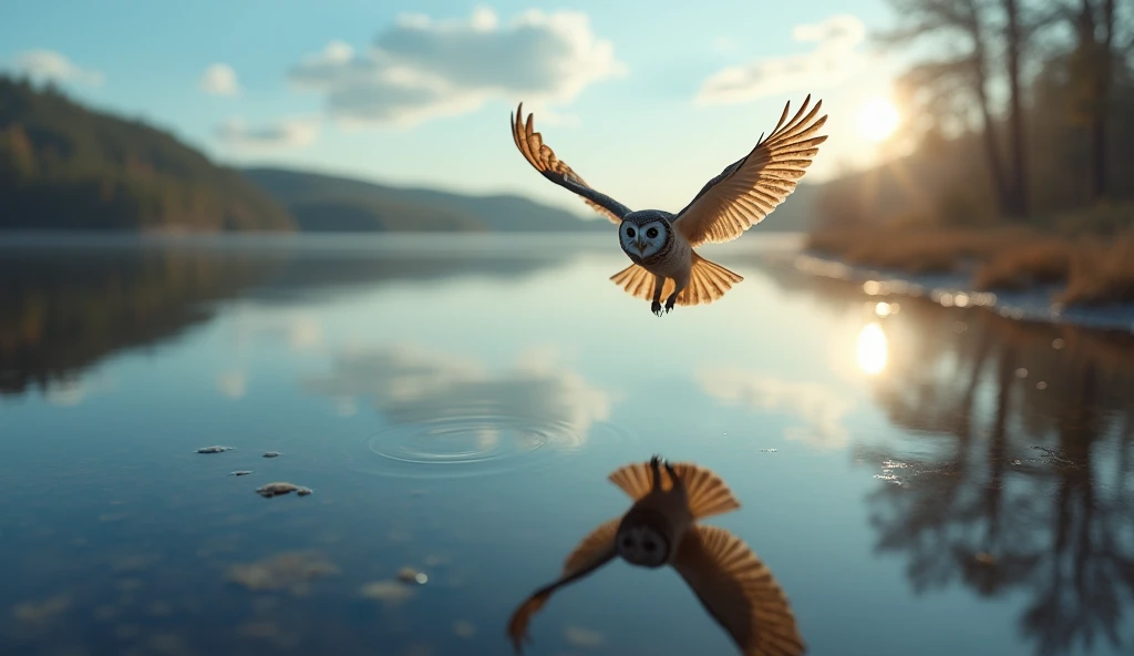 Owl flying in the sky,Below is the lake,Inverted image from below，Sharp focus，Bokeh，Depth of written boundary，Masterpieces，Ultra-fine，Ultra-realistic，8k，Best image quality，Detailed Description