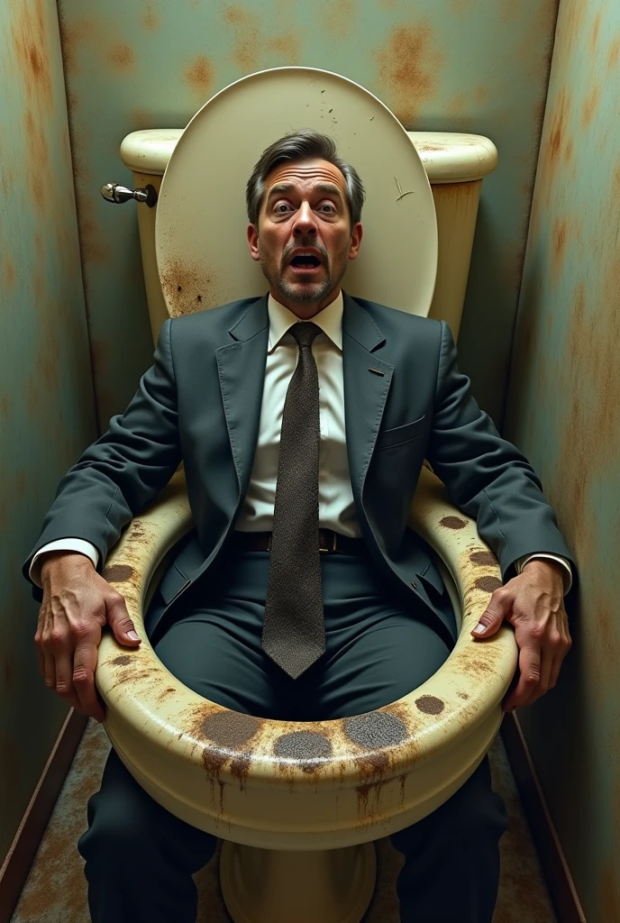 Man in formal clothes stuck inside a toilet stained with poop