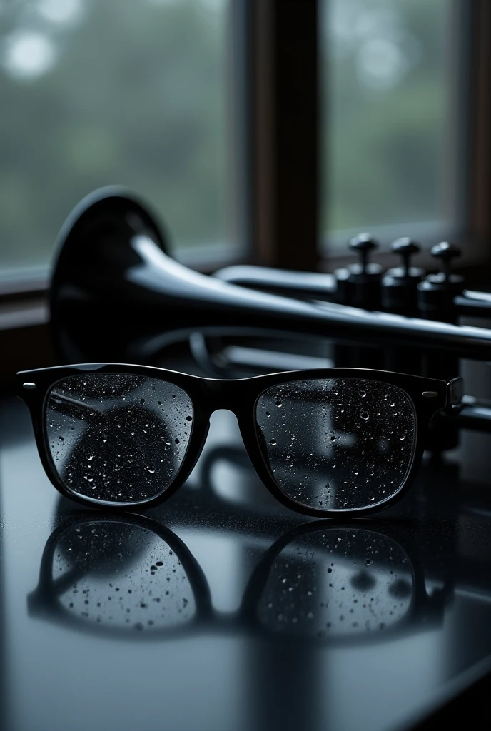 Shiny black trumpet on a table and dark glasses with raindrops on the lenses, window and raindrops