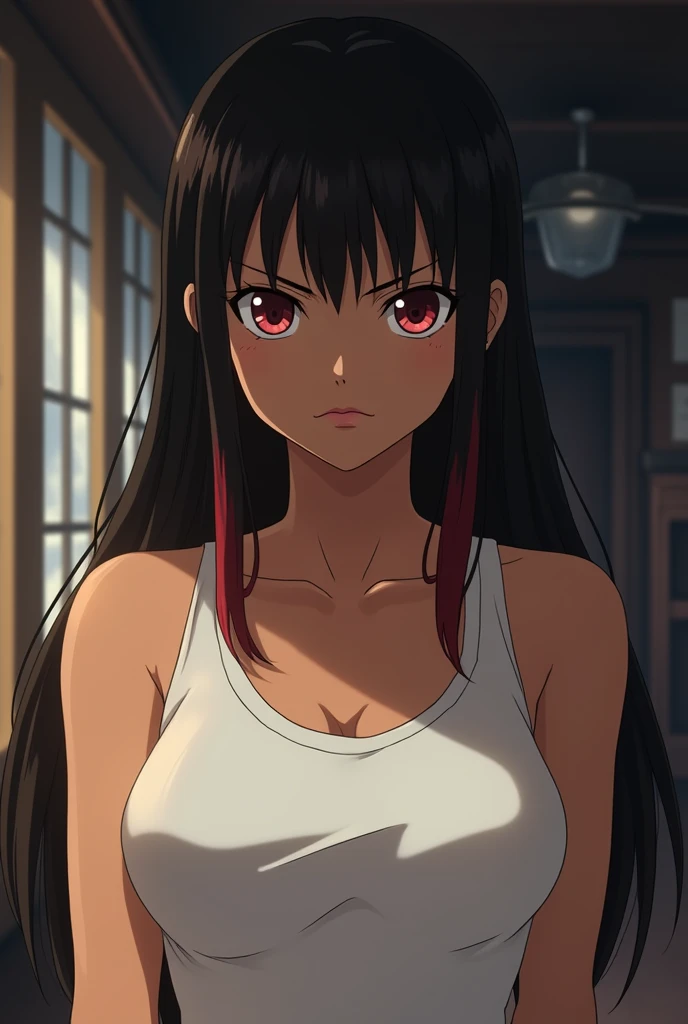 take from the waist to the head, animation style Toei animation, anime One Piece. 23 year old woman. Dark skin. jet black hair with red tips. straight hair down to the ears. bright scarlet eyes ,peach colored lips, soft features, annoyed and mature expression, medium breasts, flat stomach. white sleeveless top without collar, cabin atmosphere of a ship