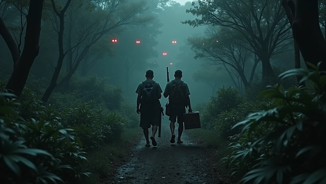 Two Cambodian hunters carrying guns carrying a treasure chest through the forest, scary in the evening with many red eyes watching View from above 8k