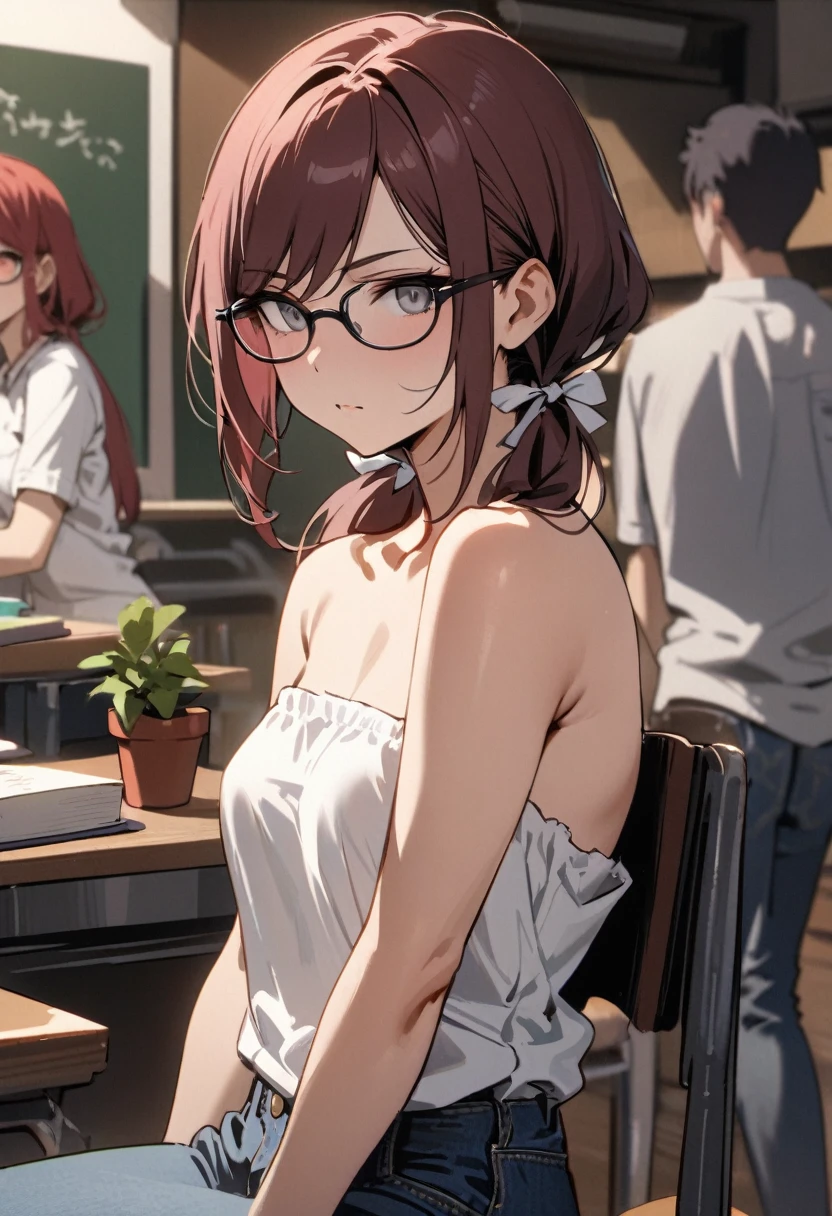 (masterpiece, best quality), stoic, girl leaning back in chair, book, beautiful face, upper body, close up, Gray eyes, dark red hair, swept bangs, low twin tails, glasses, white ribbons, strapless white shirt with pocket, jeans, small breasts, toned arms, sitting on chair in front of desk, chalkboard, people in background, potted plants,