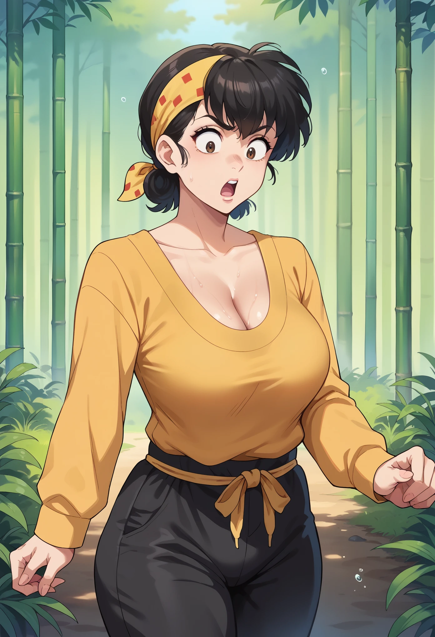 score_9, score_8_up, score_7_up, 1girl, solo, (mature), female focus, Ryouga Hibiki, black hair,(medium hair), bangs, brown eyes, yellow bandana, yellow shirt, long sleeves, cleavage, black pants, baggy pants, surprised, wet, closed-up, looking down, chinese forest, bamboo
