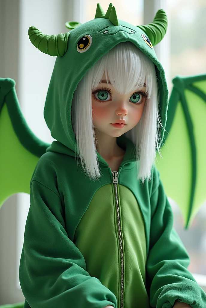 exusia from arknights with white hair, in a green dragon onesie