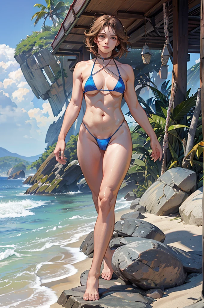 (Best picture quality:1.2,Lifelike,Ultra Detail),Transgender people posing on the beach,穿着令人难以置信的轻薄Bikini,Highlights their beauty。Bikini应该非常小巧诱人,Highlight her charming features and round、Well-defined breasts。This person should have both male and female attributes。(Bikini、Sculptural physique、Attractive figure)