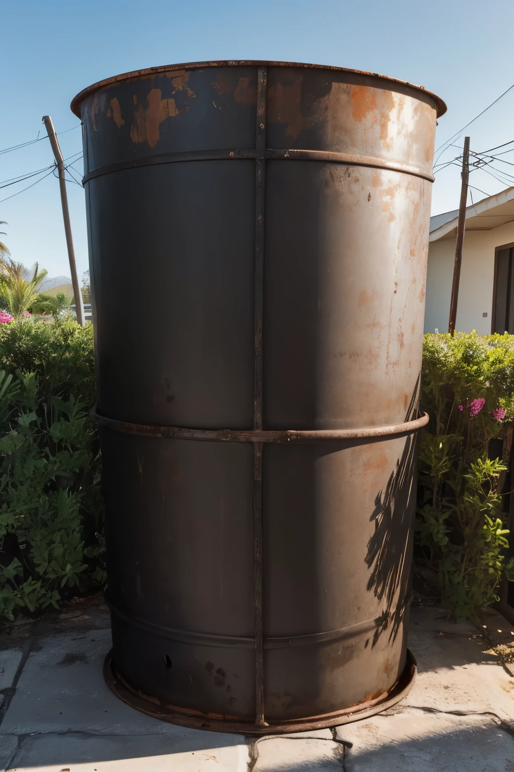 metal 55-gallon rusty drum, black drum, open top, coated with tart, the drum is in the front yard of a 1970s home in Mexico