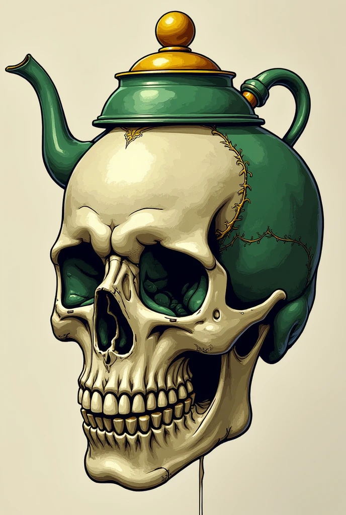 Skull with a green, white and yellow kettle