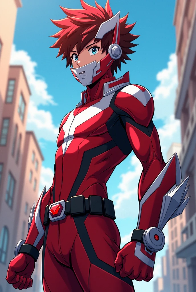 My Hero Academia style, anime boy, male, young male, trending on artstation pixiv, (full body shot:0.5), head covering, helmet, face covering, mask, hero suit, full body suit, red suit with white details, Perfect anatomy, Super Detailed,