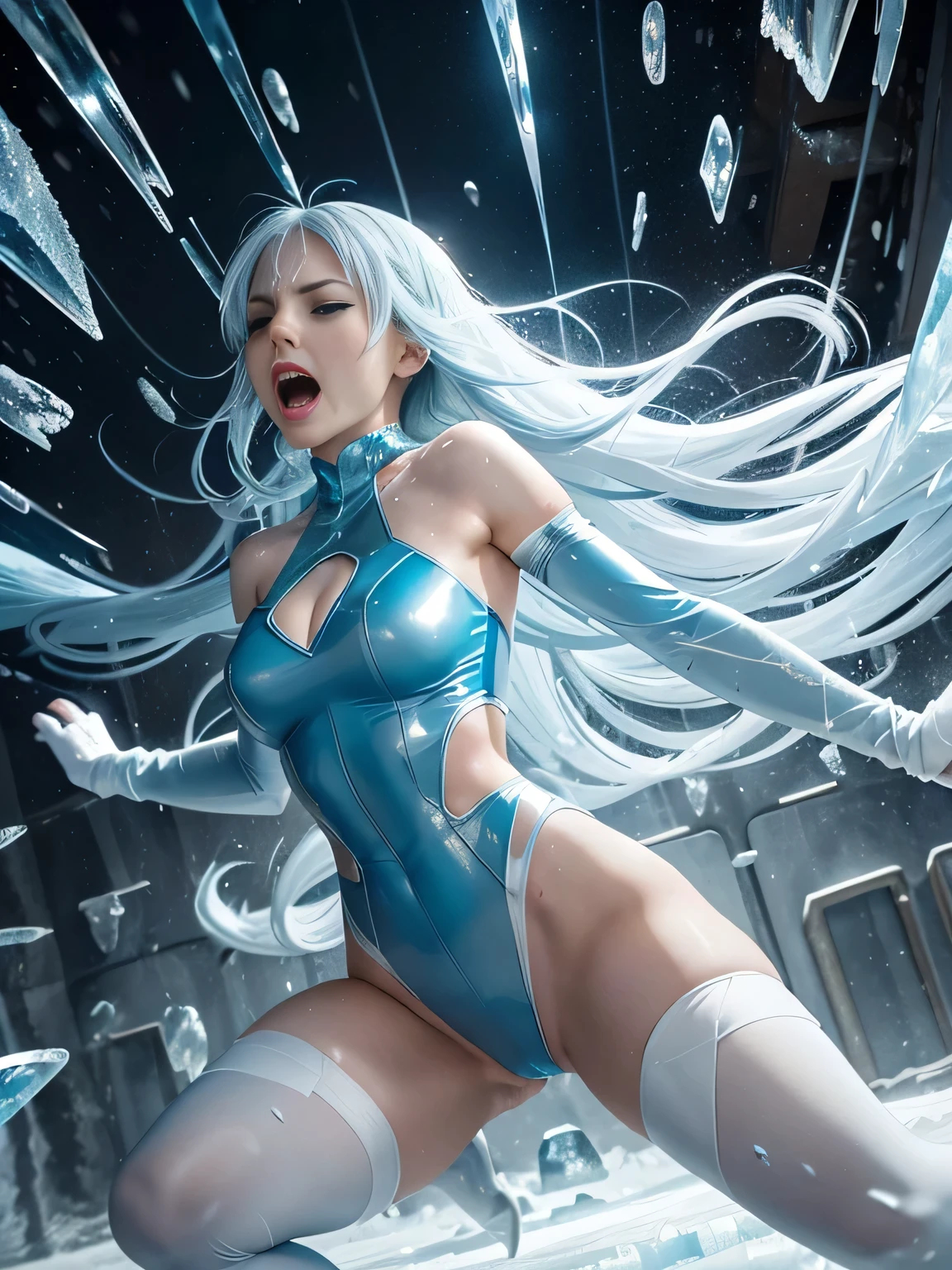 superheroine, long long gorgeous light blue hair, slender body, latex, leotard, blue and white costume, enveloped cold storm, white cold air, (in frying many ice bullets), trapped in ice, (she is frozen in ice), ice cube is covering her, body frozen, limbs frozen, hair frozen, all over frozen, intense blizzard space distorted, cruelly, (painful), helpless, (screaming in pain), (screaming in ice prison), eyes closed, gritting teeth, suffering, (lying face up), spreading hands, lifting feet off the ground, being blow through the air, ((ice rain hiting her hard)), seen many ice explosion, explosion hitting her, in land of ice