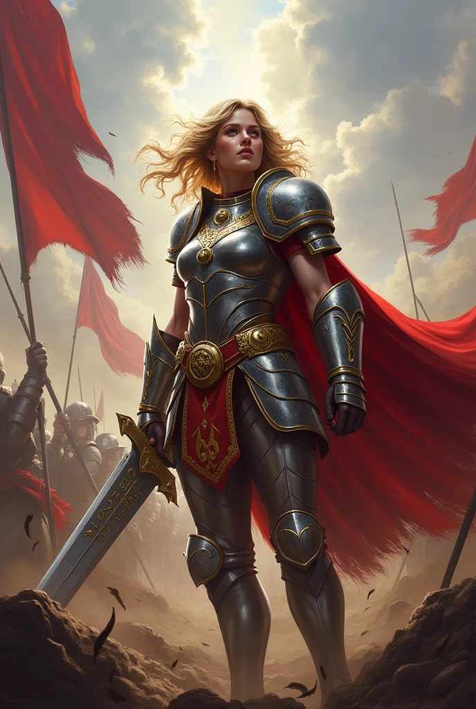 (masterpiece, top quality, best quality, official art, detailed:1.2), <lora:queen_meve:0.7>, queen_meve, standing, outdoors, multiple boys, sky, solo focus, cloud, cape, armor, torn clothes, holding sword, gold armor , flag, knight, full armor,  army, 1girl