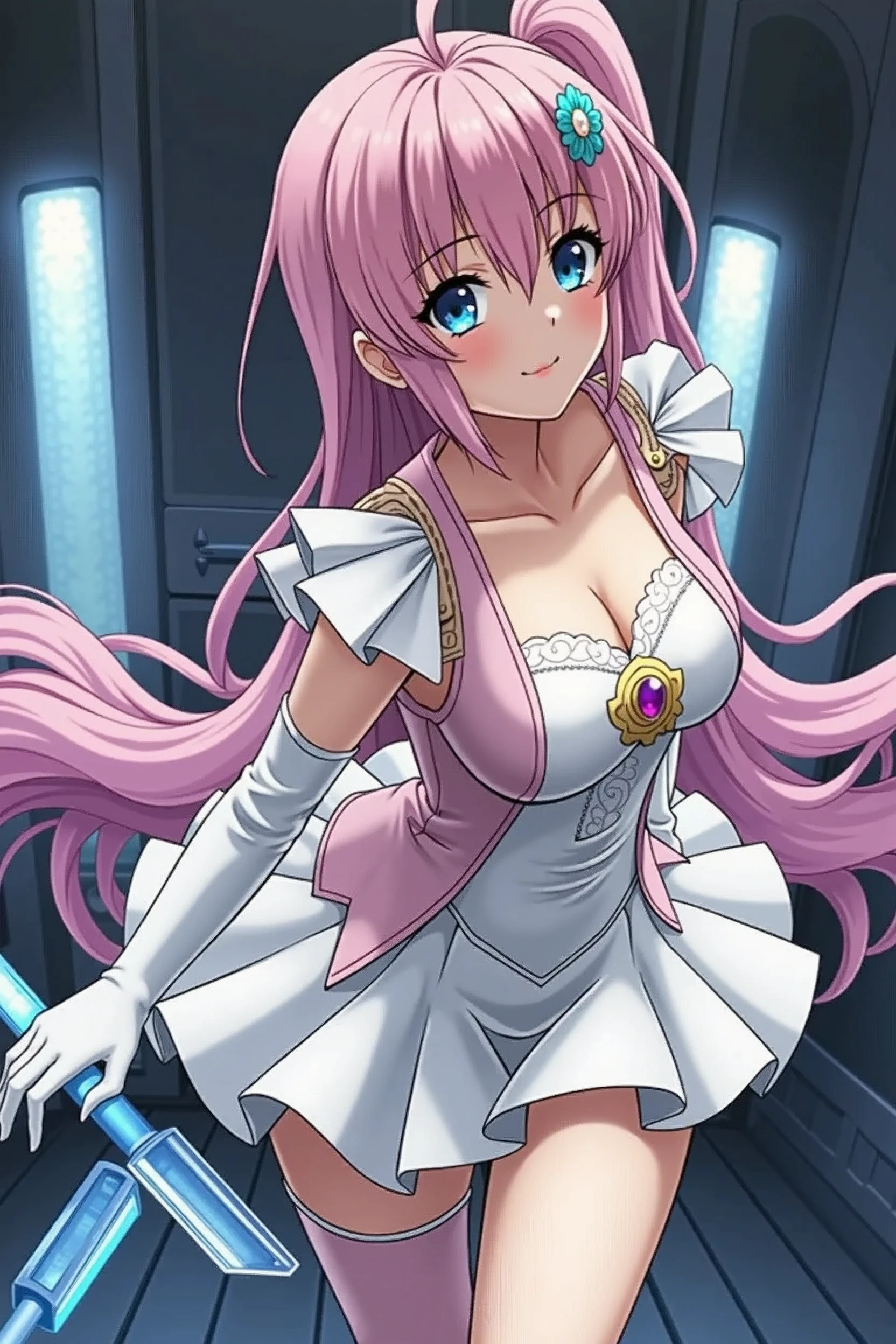 Escalayer,pink hair,long hair,hair_ornament,blue eyes,pink dress,miniskirt,white long glove,thigh_boots,(upper body:1.3),open mouth, embarrassed ,blush,sitting,(spread legs:1.5),(legs up),white panty,(cameltoe:1.3),masterpiece,Noise Reduction,perfect anatomy,high resolution, ultra-detailed,game cg,dutch angle ,beautiful detailed eyes,visualart,five fingers, perfect hands, perfect lighting,