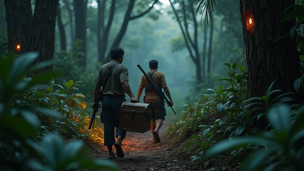 Two Cambodian hunters carrying guns carrying a treasure chest through the forest, scary in the evening with many red eyes watching View from above 8k