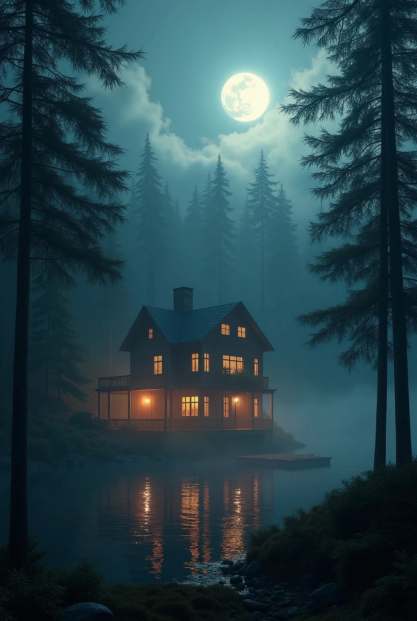 (photorealism:1.2), ((A big two-story cabin with a porch in the middle of the woods at night with lights on)), [moonlight, fog, cold atmosphere, horror], low view pointing at the cabin, (lake in the background with small boat dock), [light particles, Volumetric lighting, (cinematic lighting), (horror movie-style scene)], Two-handed axe on the porch