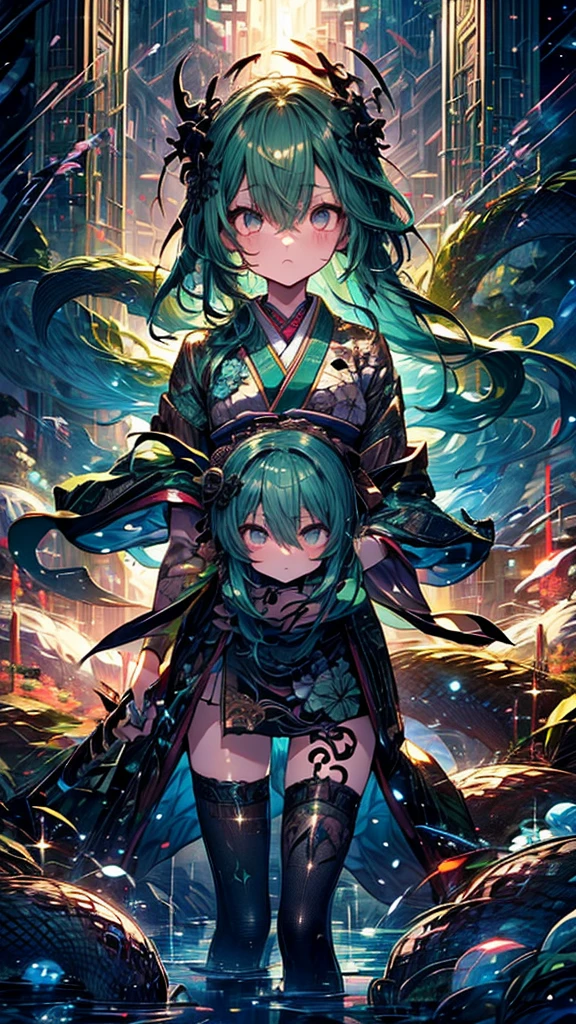 Personification of Yamata no Orochi))) (Beautiful trainee)、snake print tights、(((Japanese style goth loli))) (Dark green hair)、( (Fight with a sword))