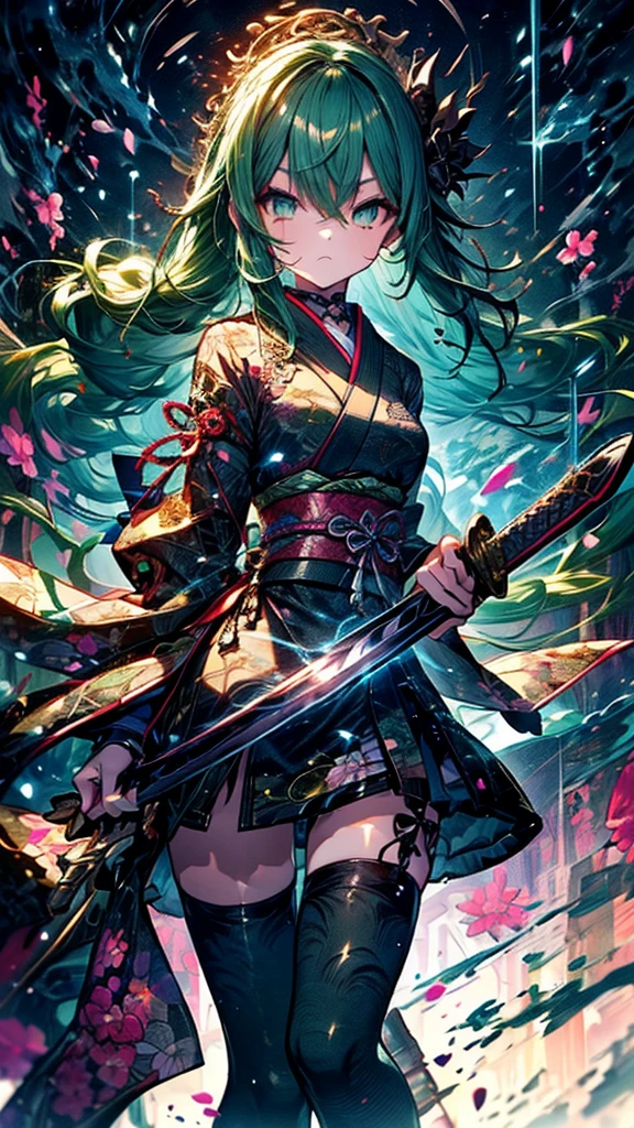 Personification of Yamata no Orochi))) (Beautiful trainee)、snake print tights、(((Japanese style goth loli))) (Dark green hair)、( (Fight with a sword))