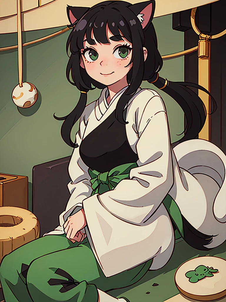1 girl, animal ears, bangs, black eyes, green hair, straight bangs, cat ears, closed mouth, freckles, holding, holding a frog, indoors, Japanese clothes, long sleeves, looking at the viewer, two pigtails, sitting, smile, solo, wide sleeves, Chinese interior, bandage on arm, arm bandaged