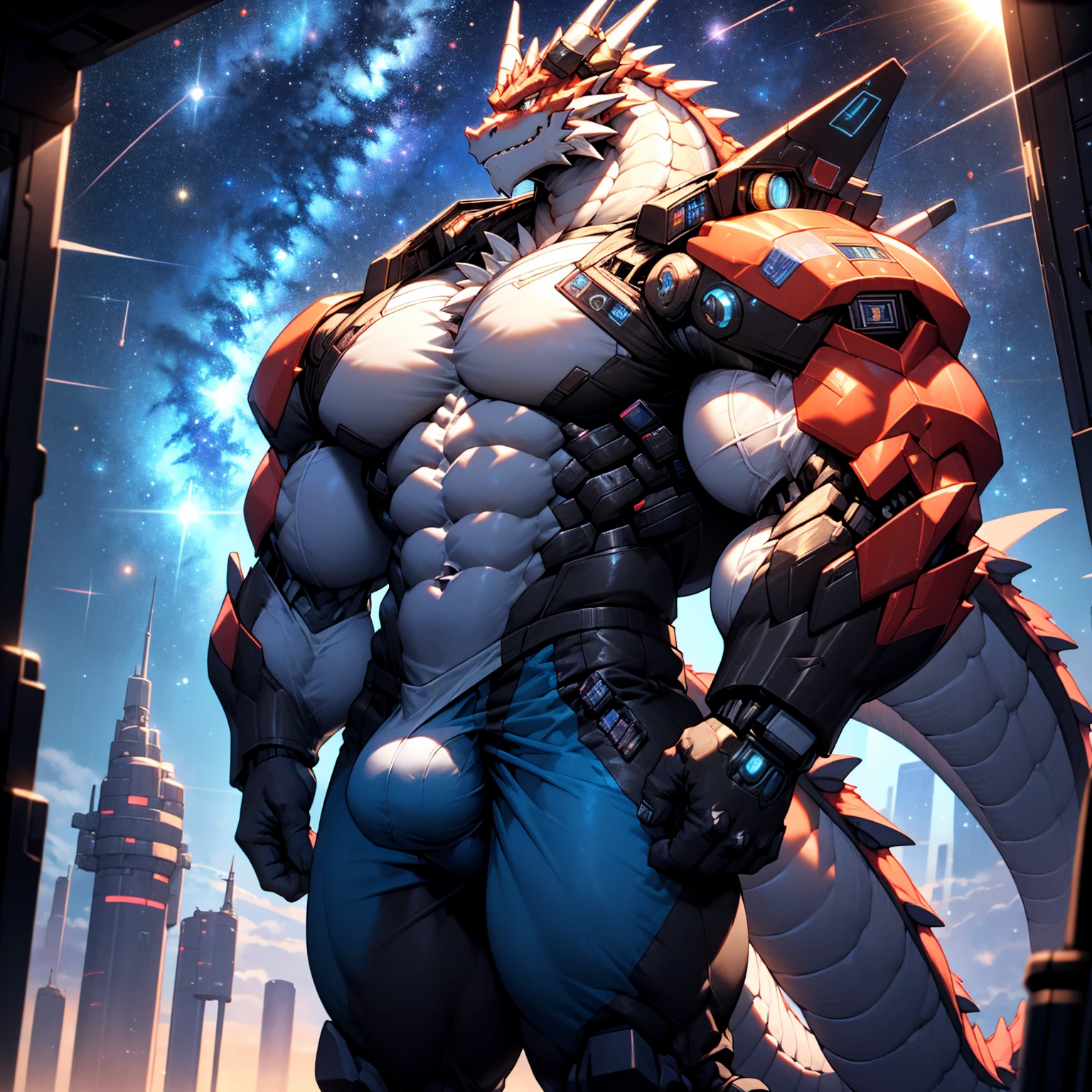 Muscular white dragon, Masculinity, Pectoralis major, Heavyweight, Bodybuilder figure, Wearing cyberpunk mechs, Dress, hyper dragon penis, View of the Milky Way from a spacecraft, In the Universe, Bright smile emoticon, sparkling skin, Vibrant colors, 4K, realism, Cool lighting