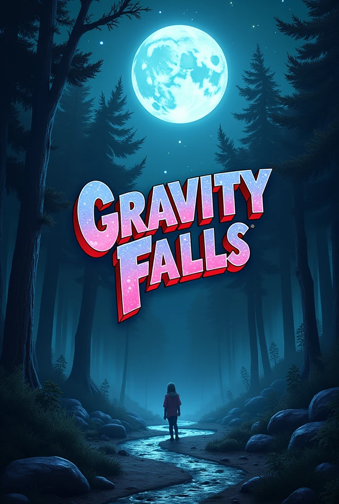 A gravity falls logo that has the word grabity moon and a background image of gravity falls