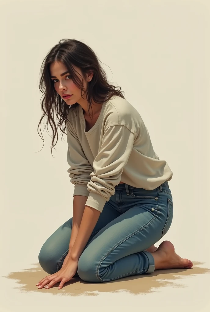 Woman in jeans and long sleeve t-shirt kneeling on the floor touching the floor with bend over slouch front view