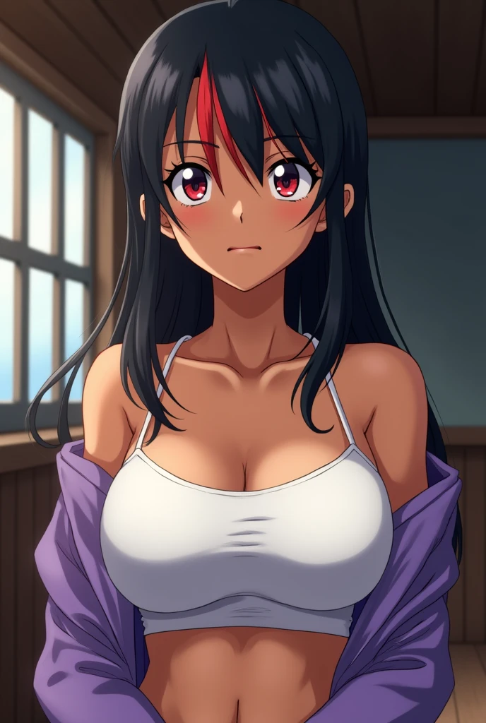 take from the waist to the head, animation style Toei animation, anime One Piece. 23 year old woman. Dark skin. jet black hair with red tips. straight hair down to the ears. bright scarlet eyes ,peach colored lips, soft features, annoyed and mature expression, medium breasts, flat stomach. white sleeveless top with no collar and an open purple shirt, cabin atmosphere of a ship 