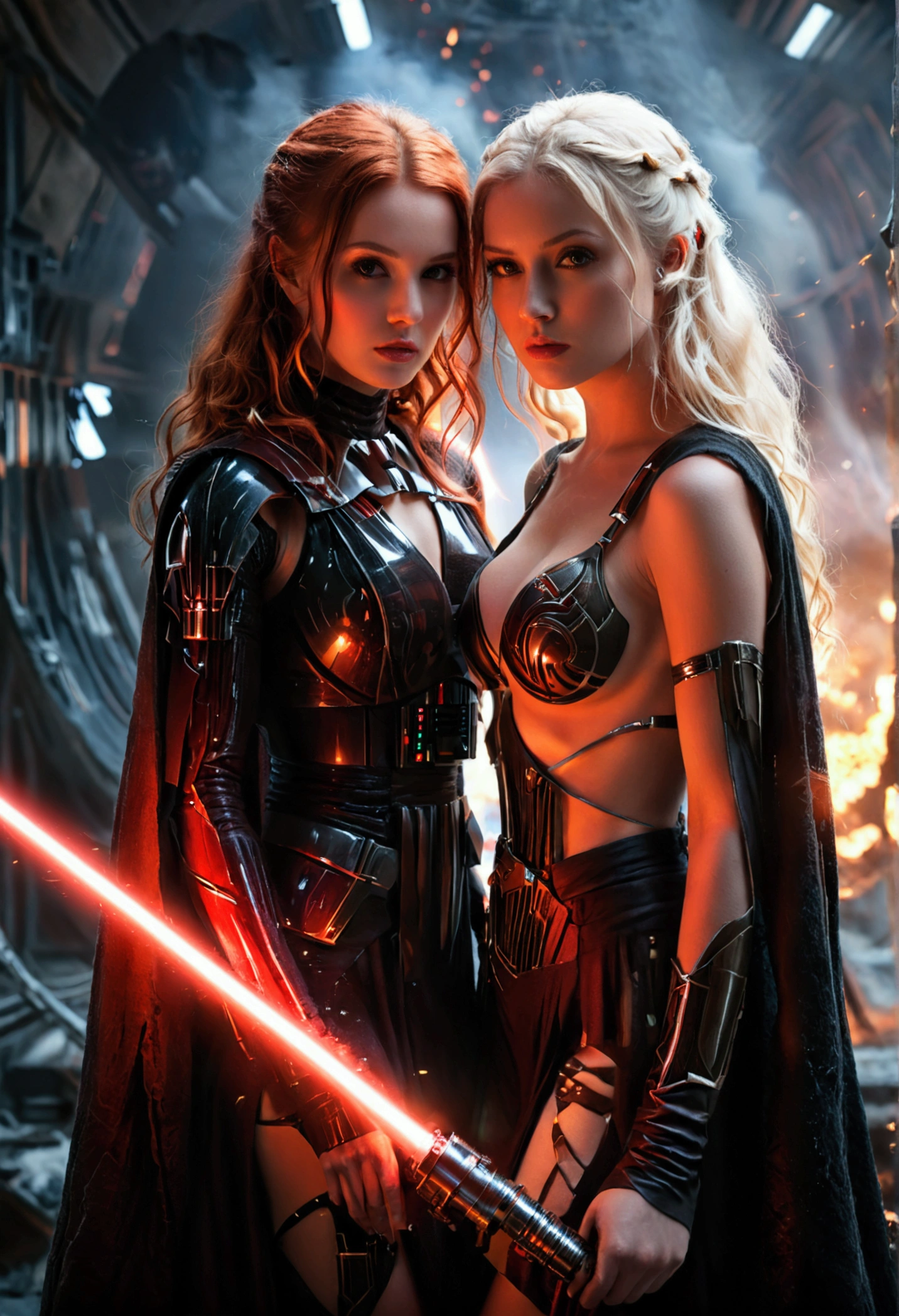 (full body shot:1) photorealistic image of two (standing pose:1) women, ultrarealistic, photography, one with long red hair, woman, 24 years old, hourglass figure, perfect body, seductive look, natural medium breasts, blur background, in complete darkness, she is wearing a sith robe, she is holding a red lightsaber, the lightsaber is the only lightsource, on a dark destroyed spacestation, explosion in the background, long sexy legs, the other girl has platinum blonde long hair, 30 years old, curvy figure, she is wearing a sith robe and is holding a red lightsaber, natural big breasts, dynamic shot, action shot