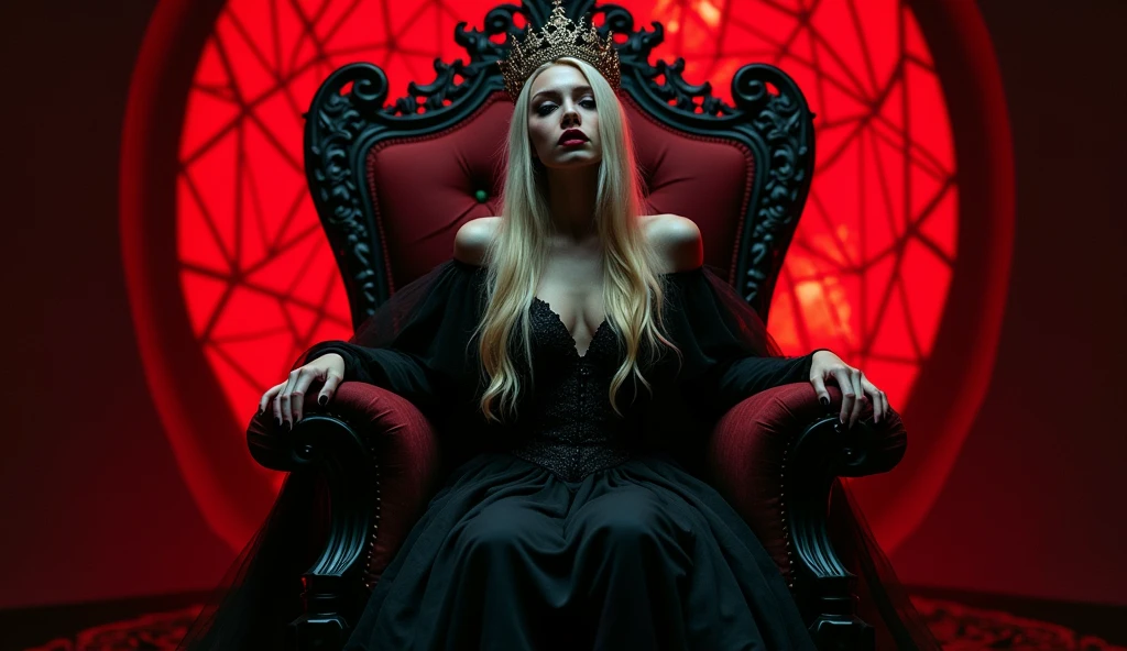 RAW Photos,black light, fully body, evil queen, hair blonde, blonder woman, dark surroundings, Dark masterpiece, mulher fair brown-skinned, SITTING ON A THRONE, throne with thorns, black roses, woman in black dress, posing photo, long hair, hair blonde, black witchcraft, red geometric shiny background, tamanho do fully body, Eastern fantasy theme, Eyes red, underworld, cold stare, Dark clothes, long and tight, fair brown-skinned, color classification, dark illustration, extreme quality, Radiant, extremely detaild, Face ultra detailed, ultra hd 8k, ultradigitality, mythical, black lightning, Conceital Art Portrait of Greg Rutkowski, artgerm, hyperdetailed, intricately detailed Gothic art, dark gothic fantasy style, triadic colors, Fantastic, intricate-detail, opening screen, colors complementary, fantasy concept art, 8K resolution, masterpiece of gothic deviantart, Heavy strokes, soft lighting, Surrealism