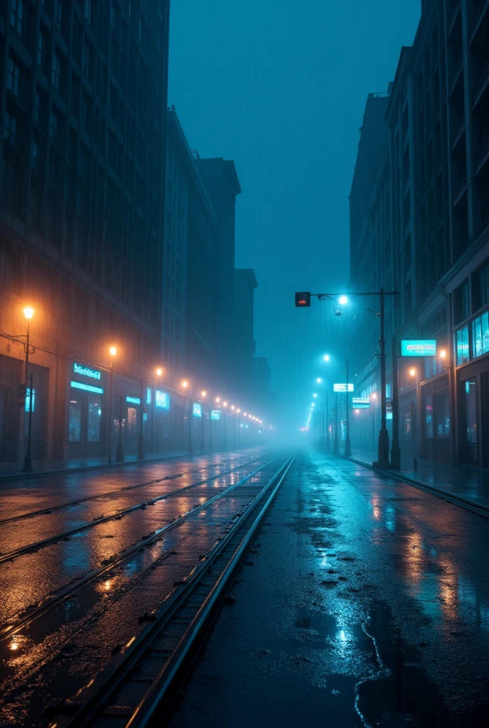 Hyperrealistic image of a street at night where the lights of the tracks are illuminating and it is raining so that the drops can be seen , blue tone image