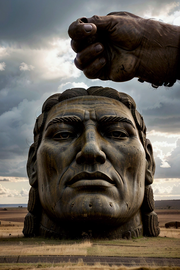 A giant moai statue of Donald Trump, dramatic lighting, highly detailed, photorealistic, intricate facial features, sharp focus, incredibly detailed, hyper-realistic digital art, cinematic lighting, volumetric lighting, dramatic shadows, epic scale, towering over a deserted landscape, rugged stone texture, chiseled features, intense gaze, confident pose, imposing presence, 8k resolution, photographic quality
