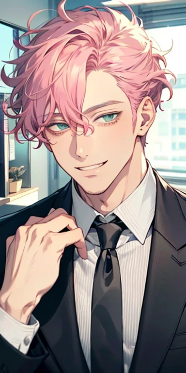 handsome 31 years old boy with pink curly hair and small lips long nose. 1 man mature, male mature. Expression smile in love. Gray green eyes, CEO, Office home.