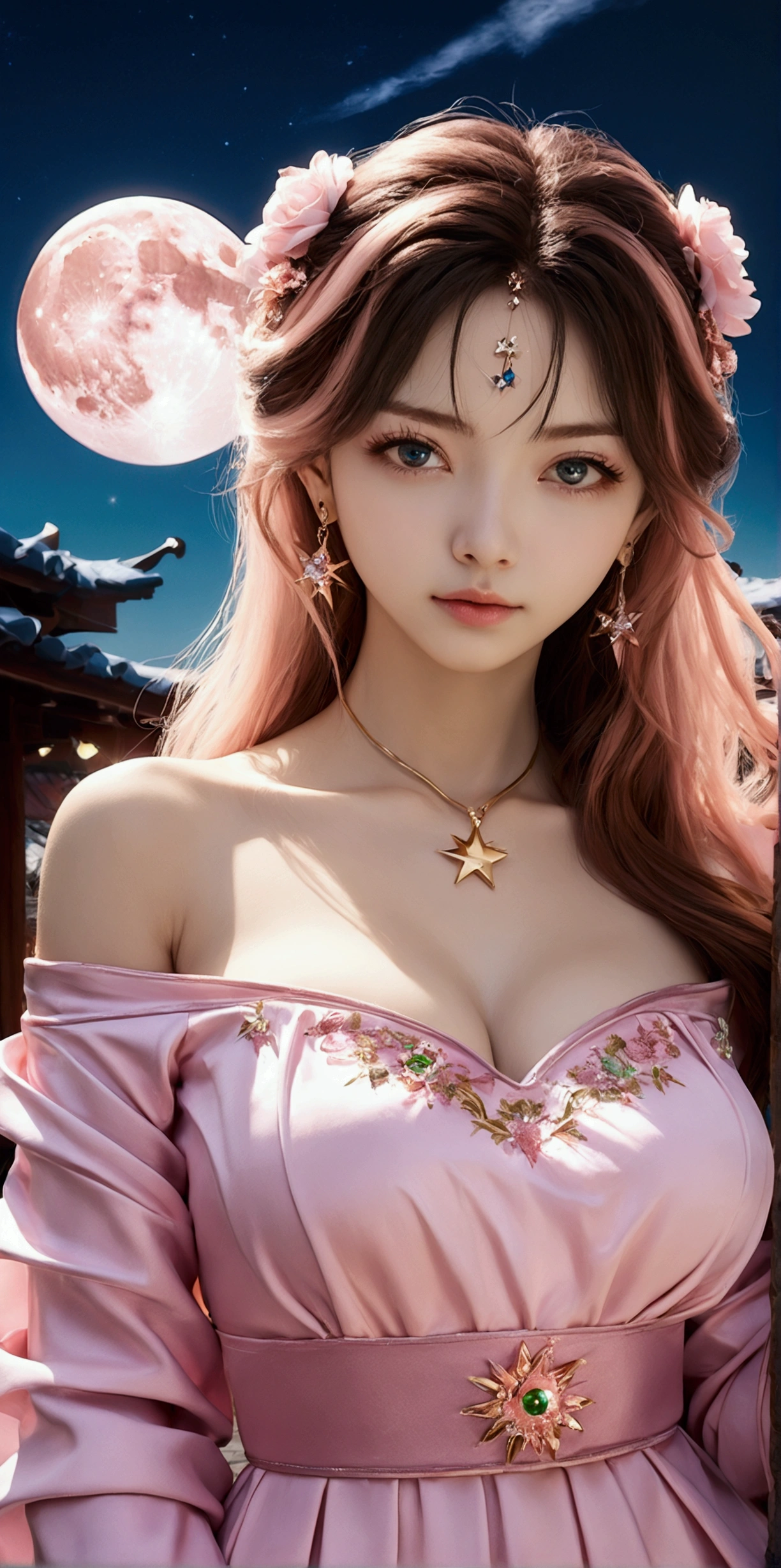 hight resolution、high-level image quality、8K、Real live-action、The background is a big pink moon that shines beautifully、Gorgeous accessory decoration、pure,Dolce,Based on physical rendering,Perfect Light and Shadow,extreme hight detail,sense of science and technology,Pink tones,,Raised sexy,perfect bodies,Superb Beauty,Pink pupils、largeeyes,long eyelasher,Delicate eyes,big shiny eyes,Shoulder and neck details,The texture of the pupil is delicate,Perfect eyes,best qualtiy,tmasterpiece,16 K,a picture,head portrait,Bigchest,long-sleeve,Take care of your chest,Large breasts,Delicate avatars、Sparkling、Beautiful pink moon decorating the night sky、Countless stars illuminate the night sky々、