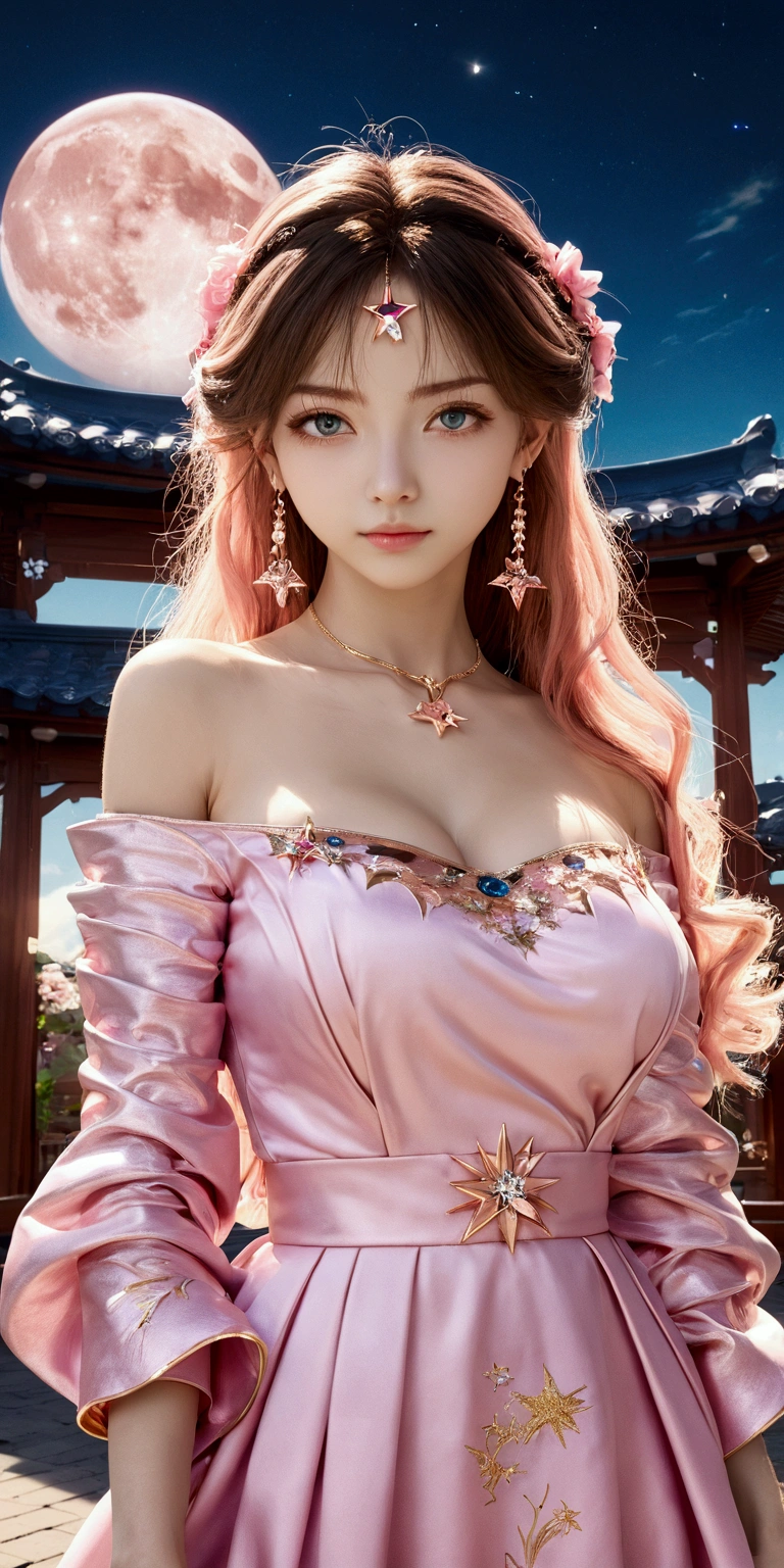 hight resolution、high-level image quality、8K、Real live-action、The background is a big pink moon that shines beautifully、Gorgeous accessory decoration、pure,Dolce,Based on physical rendering,Perfect Light and Shadow,extreme hight detail,sense of science and technology,Pink tones,,Raised sexy,perfect bodies,Superb Beauty,Pink pupils、largeeyes,long eyelasher,Delicate eyes,big shiny eyes,Shoulder and neck details,The texture of the pupil is delicate,Perfect eyes,best qualtiy,tmasterpiece,16 K,a picture,head portrait,Bigchest,long-sleeve,Take care of your chest,Large breasts,Delicate avatars、Sparkling、Beautiful pink moon decorating the night sky、Countless stars illuminate the night sky々、