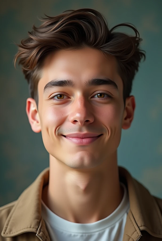Create a hyper-realistic portrait of a handsome young boy, around 18 years old. He has striking, well-defined features with a warm, engaging smile. His eyes are expressive, reflecting a mix of confidence and curiosity. His hair is styled neatly, complementing his youthful, fresh appearance. The background is softly blurred, highlighting the boy's vibrant personality and creating a sense of depth and realism."