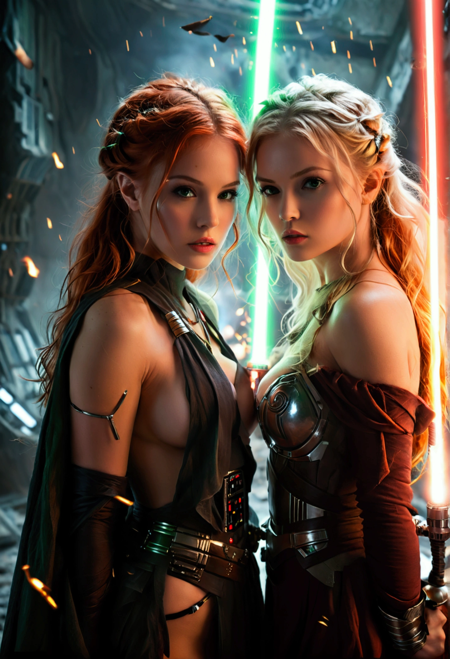 (full body shot:1) photorealistic image of two (standing pose:1) women, ultrarealistic, photography, one with long red hair, (woman, 24 years old, hourglass figure, perfect body, seductive look, natural medium breasts, blur background, in complete darkness, she is wearing a sith robe, she is holding a red lightsaber), the lightsaber is the only lightsource, on a dark destroyed spacestation, explosion in the background, long sexy legs, the other girl has platinum blonde long hair, (30 years old, curvy figure, she is wearing a jedi robe, green lightsaber, natural big breasts), the two girls are crossing their lightsabers in a battle, sparks are flying, dynamic shot, action shot