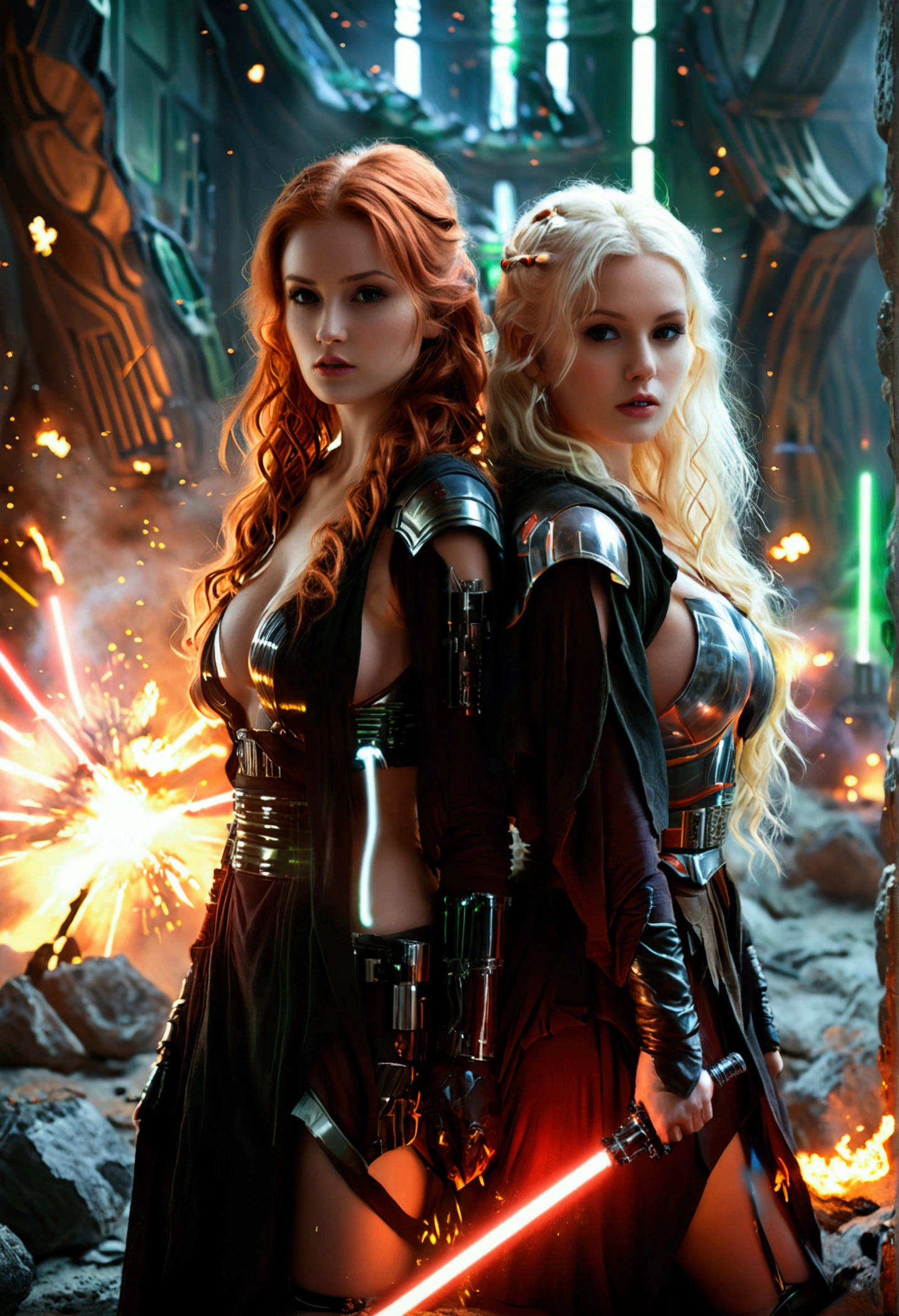 (full body shot:1) photorealistic image of two (standing pose:1) women, ultrarealistic, photography, one with long red hair, (woman, 24 years old, hourglass figure, perfect body, seductive look, natural medium breasts, blur background, in complete darkness, she is wearing a sith robe, she is holding a red lightsaber), the lightsaber is the only lightsource, on a dark destroyed spacestation, explosion in the background, long sexy legs, the other girl has platinum blonde long hair, (30 years old, curvy figure, she is wearing a jedi robe, green lightsaber, natural big breasts), the two girls are crossing their lightsabers in a battle, sparks are flying, dynamic shot, action shot