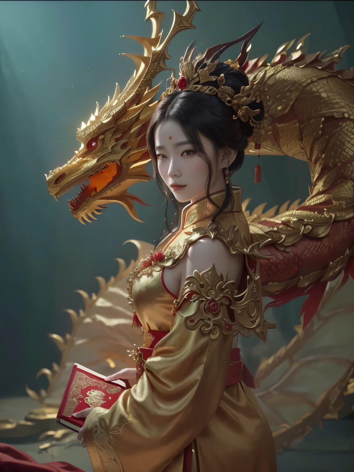 a woman in a gold dragon costume is holding a red book, dragon in the background, the dragon girl portrait, chinese fantasy, palace ， a girl in hanfu, human and dragon fusion, chinese style, chinese princess, ((a beautiful fantasy empress)), by Yang J, dragon girl, a beautiful fantasy empress, chinese empress, inspired by Wu Bin