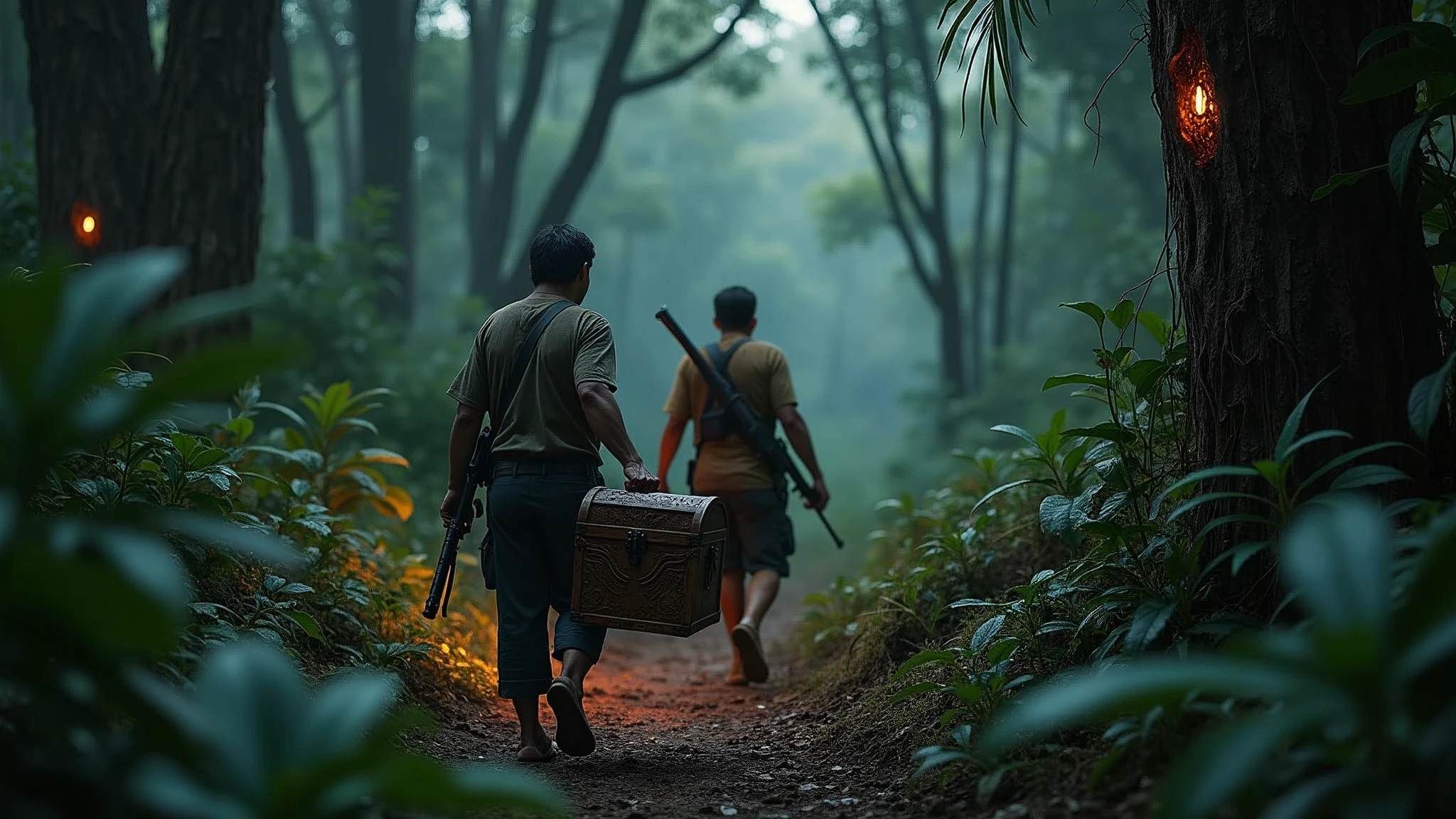 Two Cambodian hunters carrying guns carrying a treasure chest through the forest, scary in the evening with many red eyes watching View from above 8k  