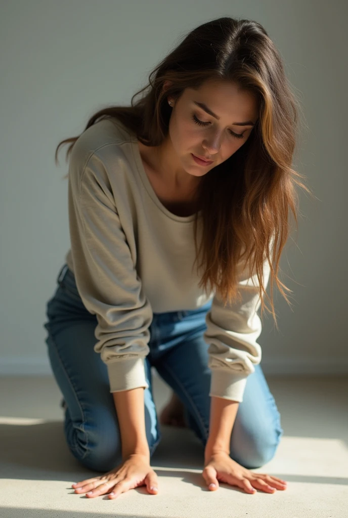 Woman in jeans and long sleeve t-shirt kneeling on the floor touching the floor with bend over slouch front view