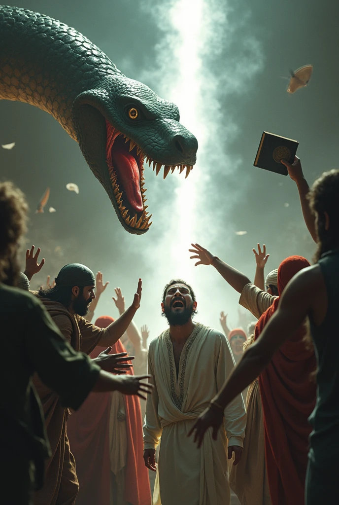 A big hand and big mouth snake speech Qur'an and crying. others people attack the man. And one miracle white light save the man 