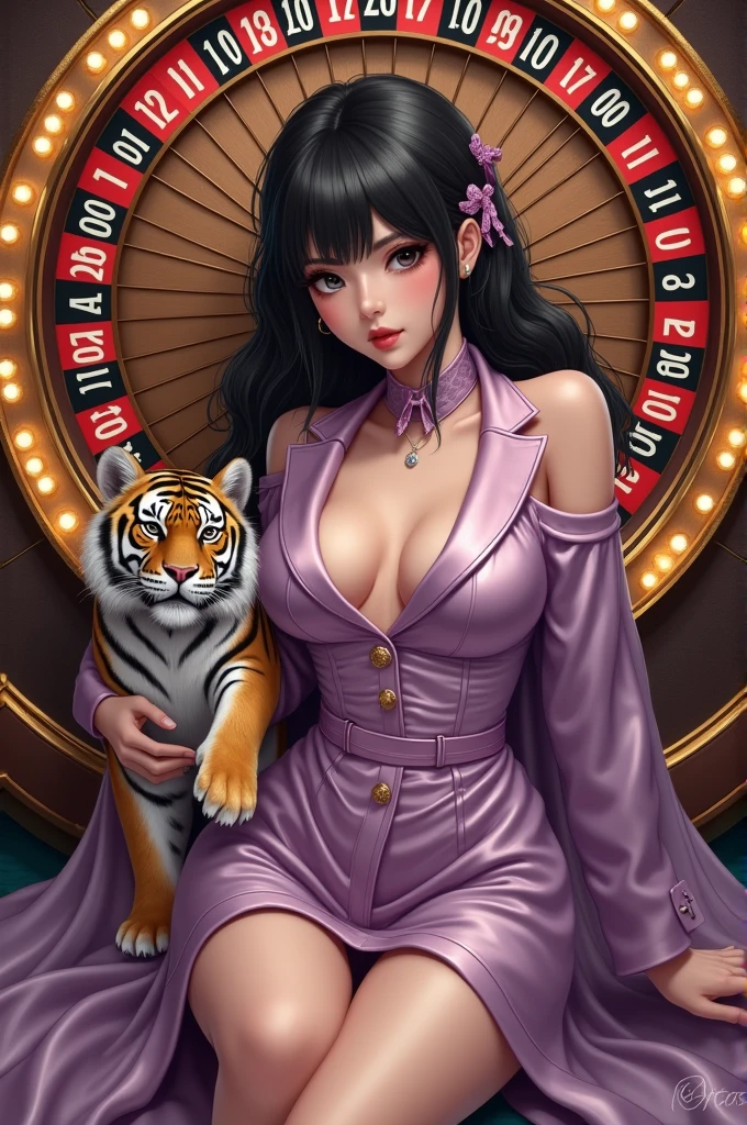 A young white girl with dark hair, with a casino roulette wheel behind her, making a design of a gambler. Dressed in stylish clothes, in the colors lilac, pink and gold and a small tiger