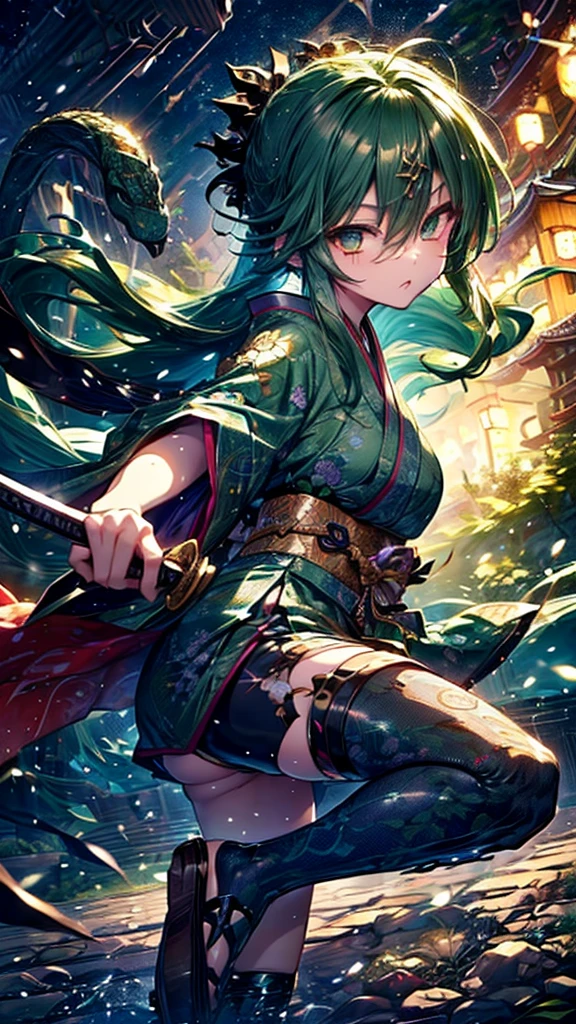 Personification of Yamata no Orochi))) (Beautiful trainee)、snake print tights、(((Japanese style goth ))) (Dark green hair)、( (Fight with a sword))