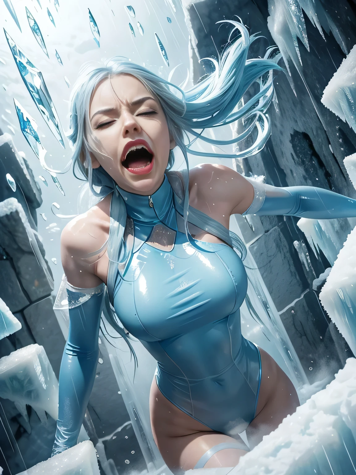 superheroine, long long gorgeous light blue hair, slender body, latex, leotard, blue and white costume, (crushed), over dark water, (heavy water), dark undersea distorted, water be raging, waterhits like bullet, attacked by water bomb, cruelly, (painful), helpless, (screaming in pain), eyes closed, holding on, crouching, gritting teeth, squirming, suffering,((body distorted)), ((body thrown away)), ((body blown away)), can't stand, (lying face up), hair swaying in water, in deepsea