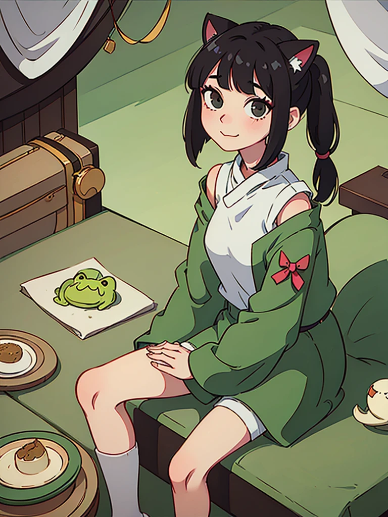 cartoon-style, (chibi character, deformed, full body, big head:1.5, line art), anthropomorphic fat cute pig girl, pig nose, green kimono, sitting, (spoken boo:1.5), (fukidashi boo:1.5), Japanese-style room window