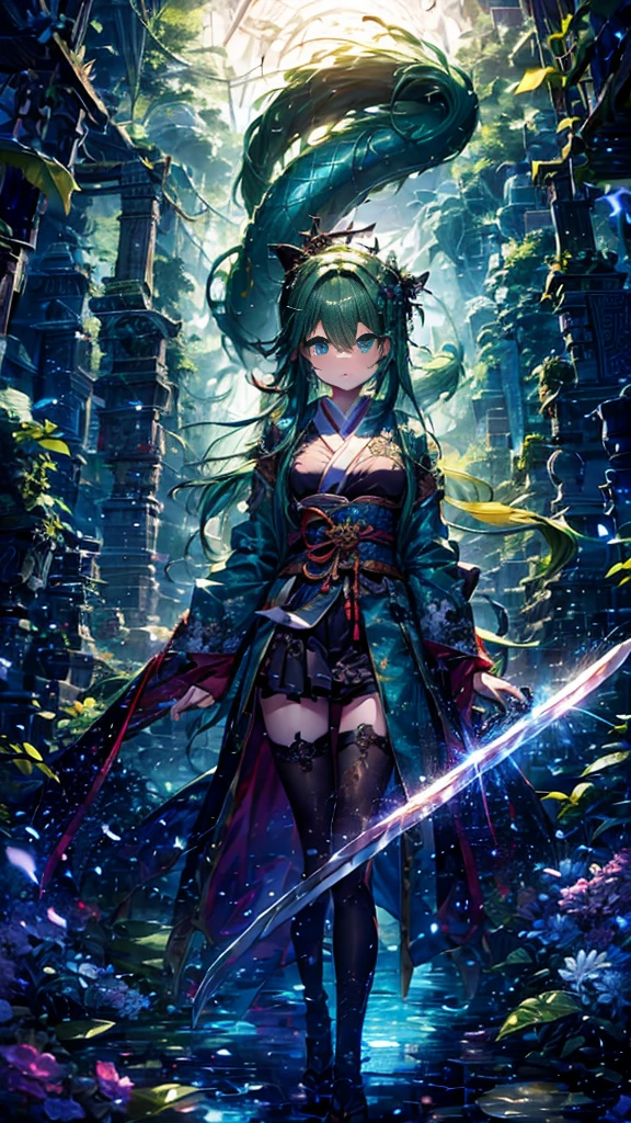 Personification of Yamata no Orochi))) (Beautiful trainee)、snake print tights、(((Japanese style goth ))) (Dark green hair)、( (Fight with a sword))