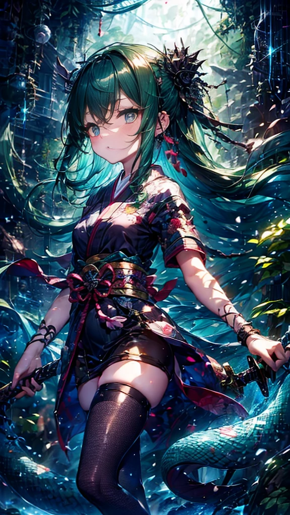 Personification of Yamata no Orochi))) (Beautiful trainee)、snake print tights、(((Japanese style goth loli))) (Dark green hair)、( (Fight with a sword))